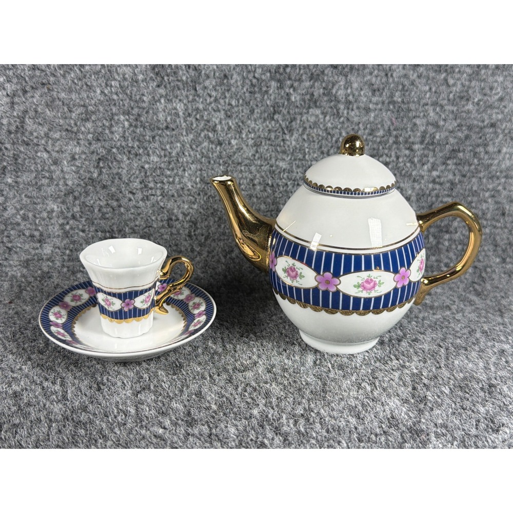 Classic Treasures Imperial Porcelain Miniature Teapot Cup Saucer Set Blue Floral